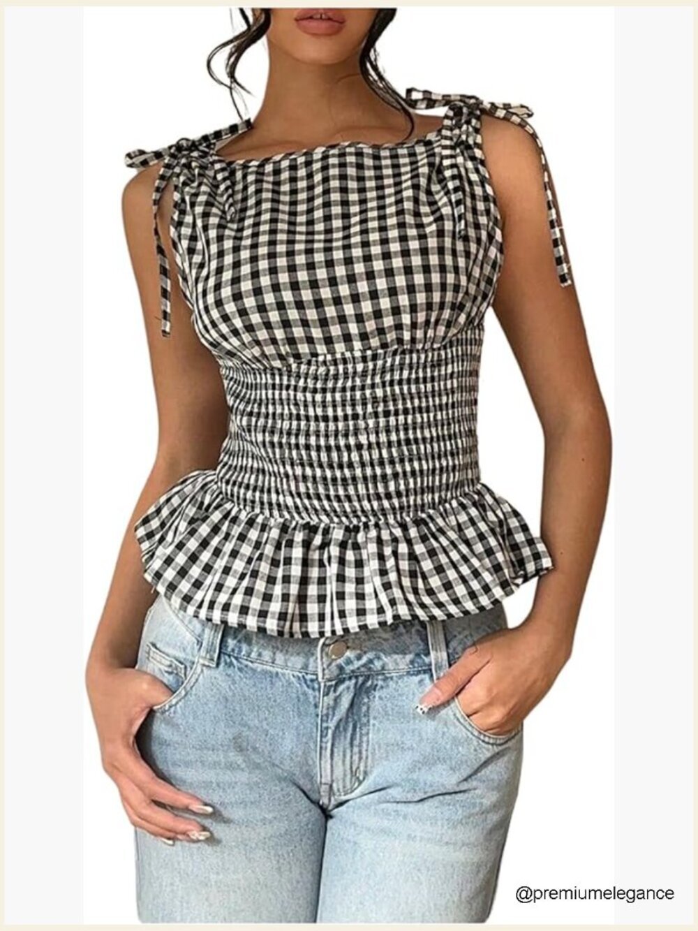 Gingham Plaid Ruffle Peplum Tank Smocked Tie Shoulder Vintage Top
